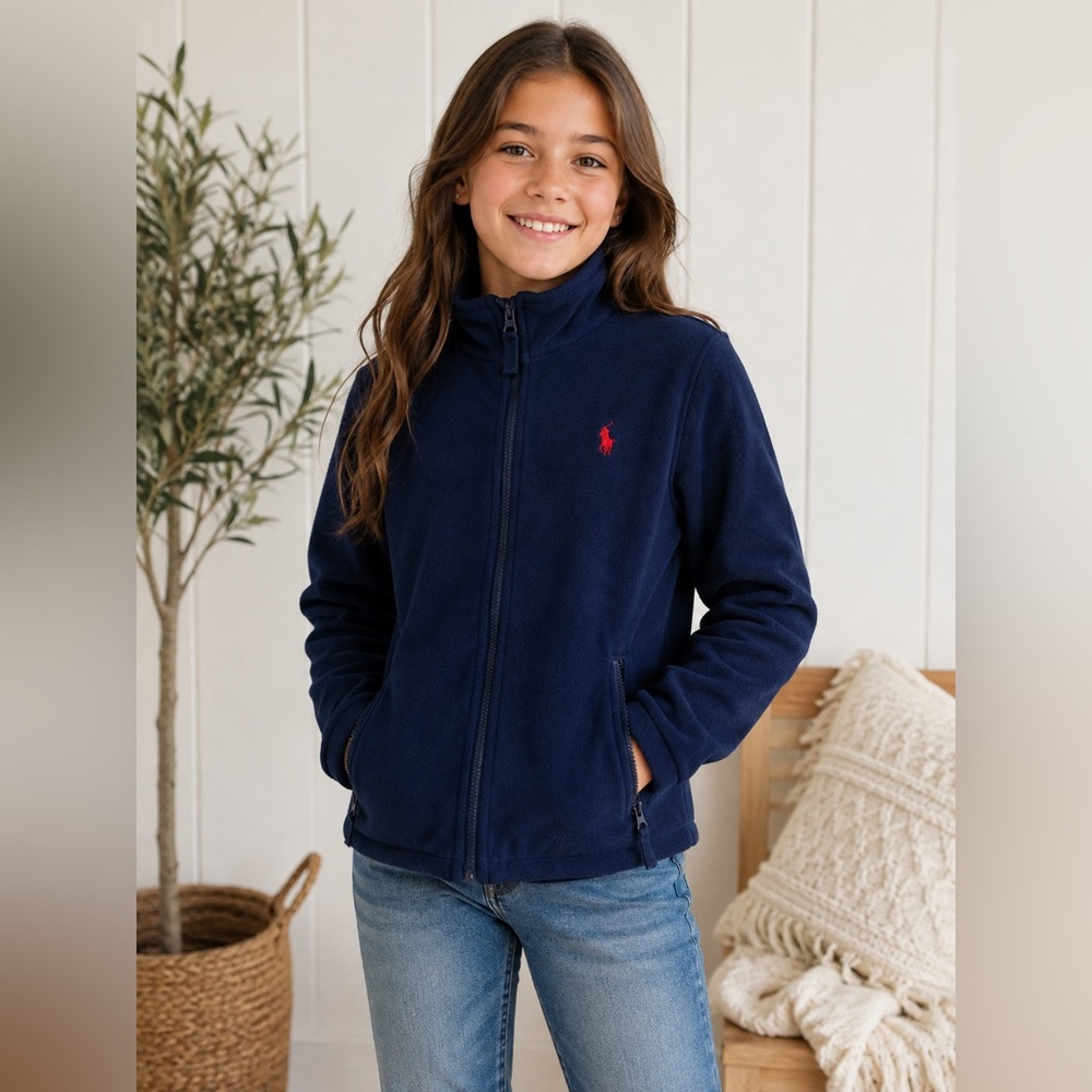 Vintage Polo Ralph Lauren Girls M 12/14 Navy Fleece Full Zip Jacket Red Pony